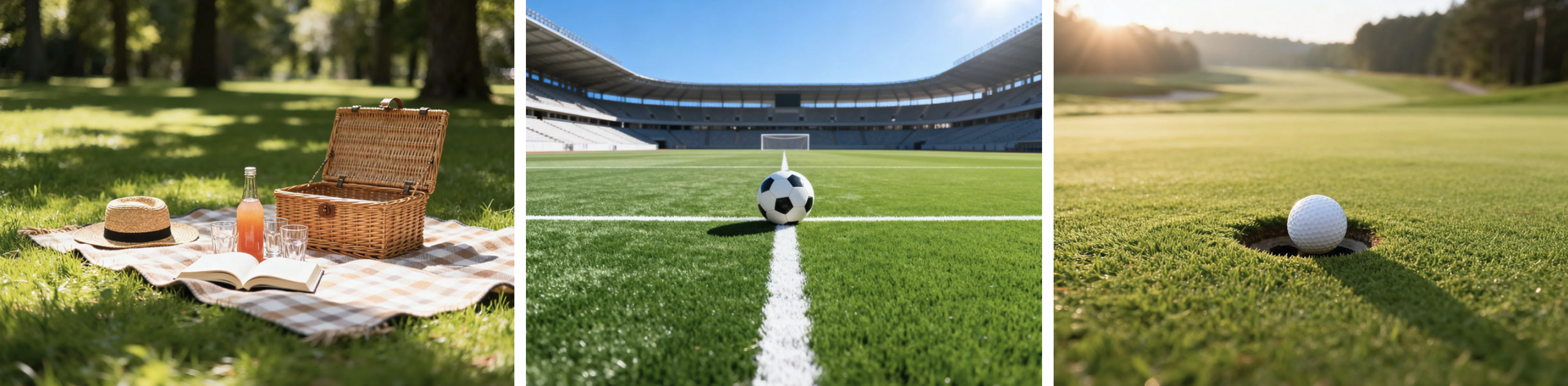 Artificial grass application scenes for leisure, football and golf
